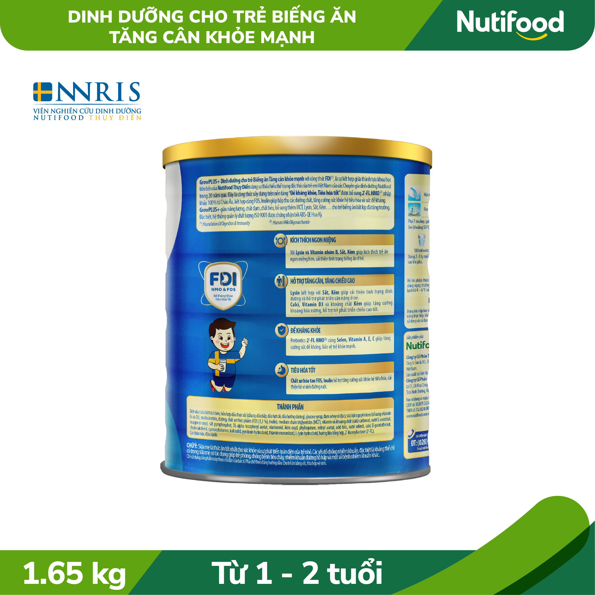 Sữa Bột GrowPLUS+ Biếng Ăn (Xanh) cho trẻ tăng cân khoẻ mạnh 1+ Lon 1,65KG