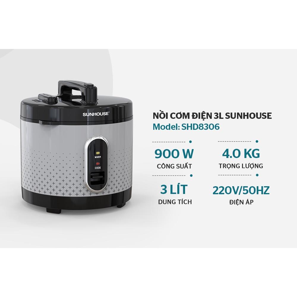 Nồi cơm điện Sunhouse SHD8306, Công suất 900W, Dung tích 3 lít, Lòng nồi phủ chống dính cao cấp, Hàng chính hãng - Bảo hành 12 tháng