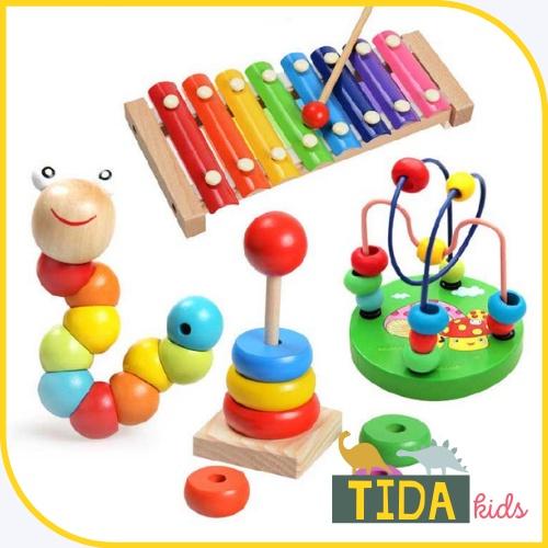 Combo 4 Món Đồ Chơi Gỗ: Luồn Hạt + Tháp Cầu Vồng + Sâu Gỗ + Đàn ️