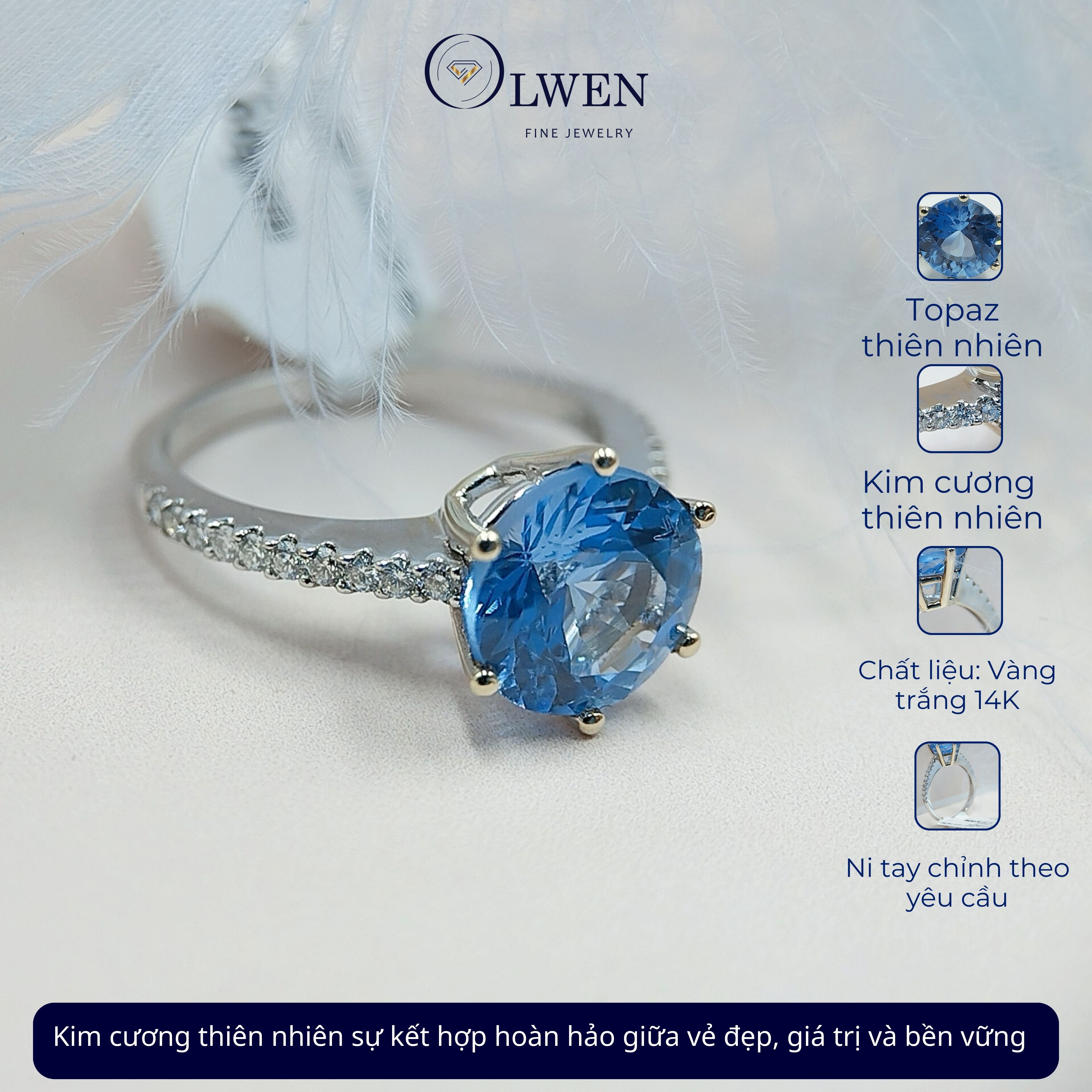 Nhẫn Kim Cương Topaz Xanh 14K HK Olwen HA-R000066