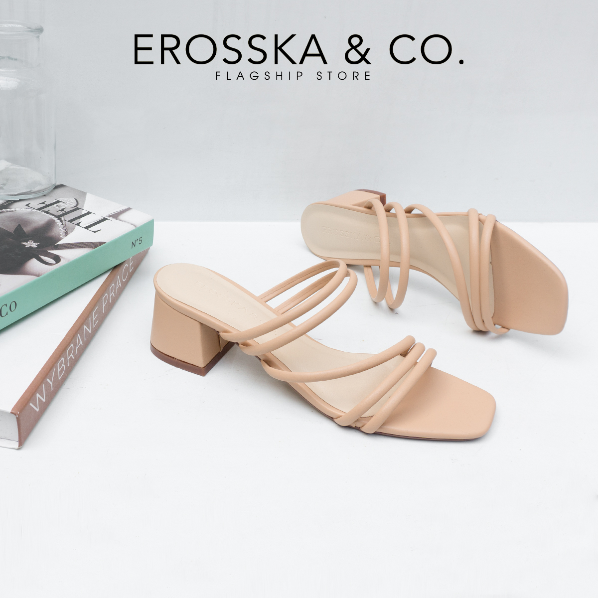 Erosska - Dép cao gót nữ mũi vuông phối dây quai phong cách Hàn Quốc cao 4cm EM086