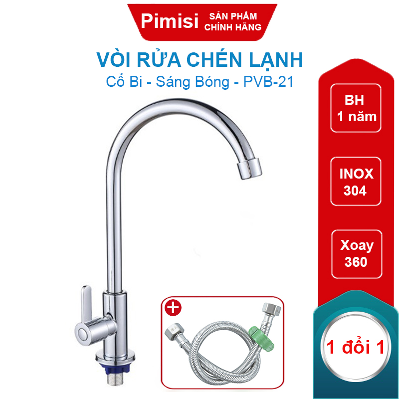 Vòi Rửa Chén Lạnh Pimisi PVB-21+DC Inox 304 Sáng Bóng Cho Chậu Rửa Chén Bát 1-2 Hố, Đơn 1 Đường Nước | Chính Hãng
