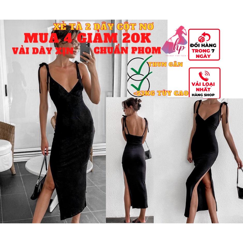 Váy đầm 2 dây nữ  body xẻ tà đùi qua gối thun gân không mút ngực phong cách hàn quốc-VD108