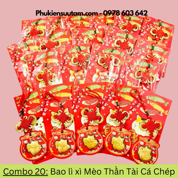 Combo 20 Bao Lì Xì Mèo Thần Tài Cá Chép, kích thước: 17cmx9cm, màu đỏ - SP005936