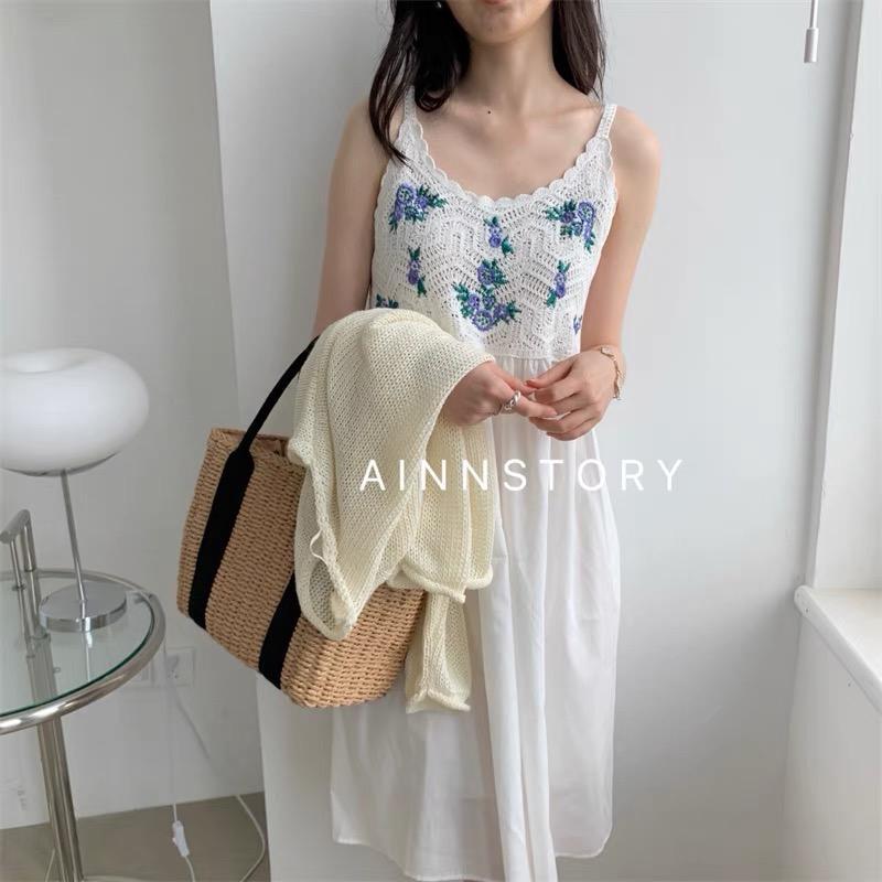 MS906 Váy đầm hai dây nữ đan móc thêu hoa xanh đi biển