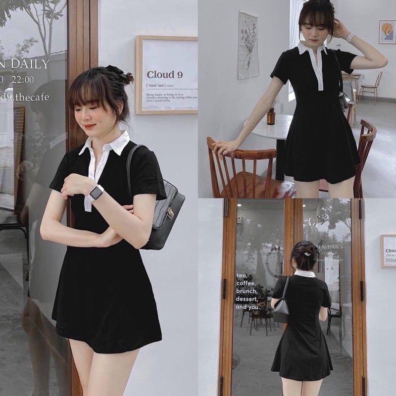 VÁY POLO DÁNG XÒE MÀU ĐEN PHỐI CỔ TRẮNG / ĐẦM POLO CỔ BẺ