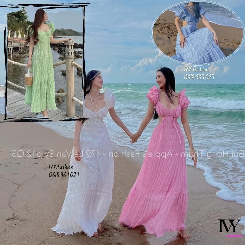 Đầm váy maxi khoét eo xốp mút ngực hồng xanh bơ trắng tay phồng Ivy.fashion đi biển dự tiệc dạo phố bigsize gợi cảm se