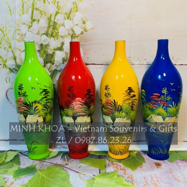 Cặp Bình Lọ Sơn Mài Miệng Bé Vẽ Cảnh Đồng Quê Việt Nam 29 cm - Vietnamese Lacquer Vase