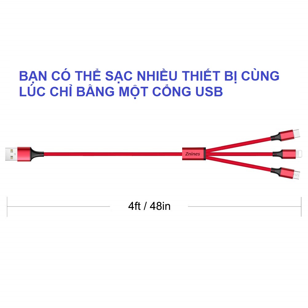 Cáp Sạc Đa Năng 3 Đầu : Lightning - Type C - Micro USB. Sạc Tốc Độ Cao (Có Thể Truyền Dữ Liệu)