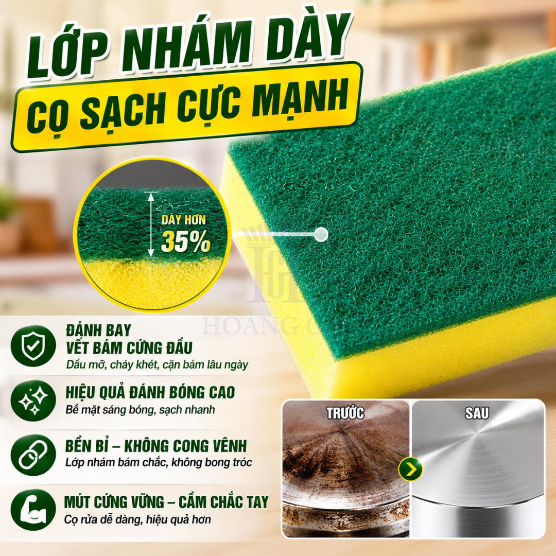 Mút Rửa Bát Cao Cấp HG Home 10x6.5x3cm - Dày Hơn, Cầm Chắc Tay, Cọ Sạch Nhanh, Không Cong Vênh