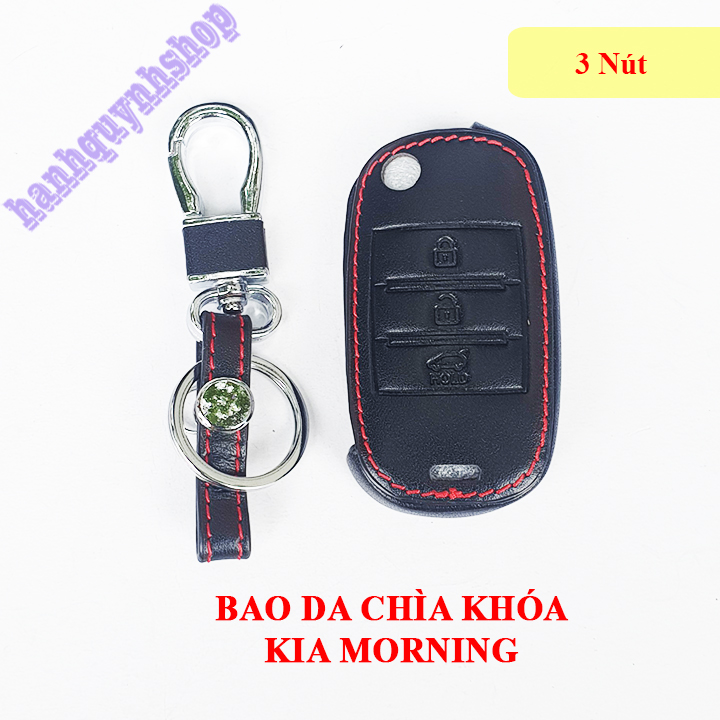 Bao da chìa khóa Morning màu đen chỉ đỏ tặng kèm móc