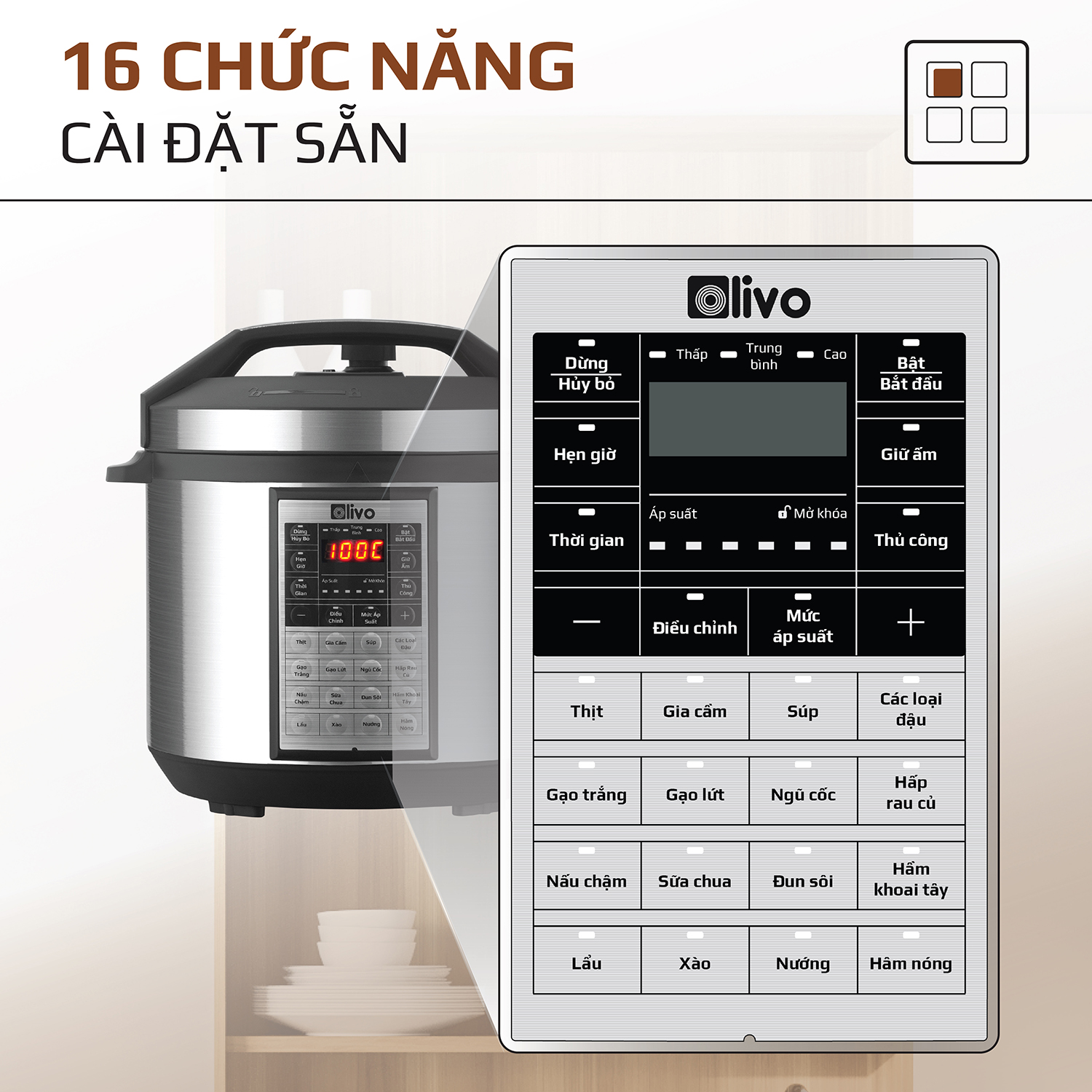 Nồi áp suất điện Olivo PC60 - 16 chức năng - 6 lít - 1.000W - BH 2 năm
