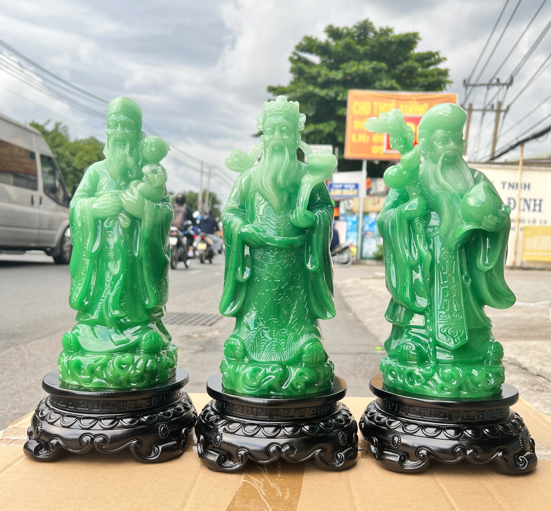 Bộ Tượng Phúc Lộc Thọ Rời Màu Xanh Cao 37cm