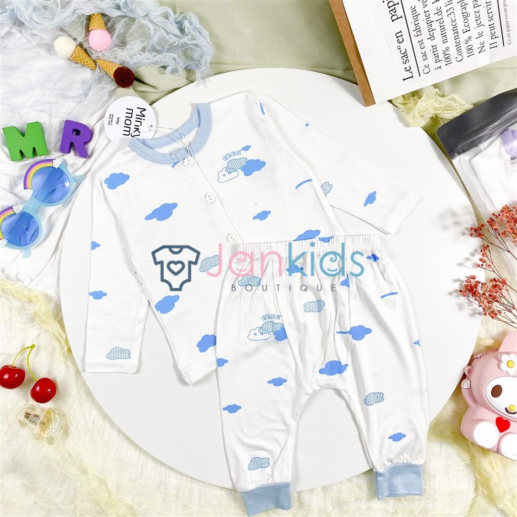 Bộ sơ sinh dài tay cúc giữa chất thun lạnh MINKY MOM quần đáp đũng, in hình dê thương cho bé