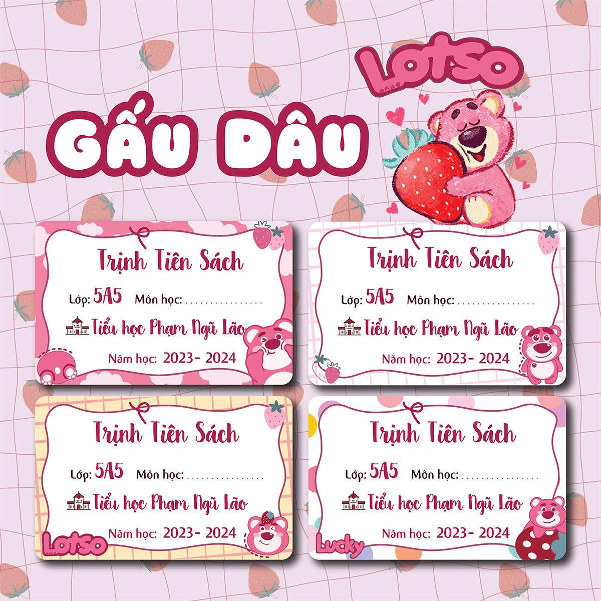 Nhãn vở in tên bé, họa tiết hình Gấu Dâu xinh xắn. In nội dung Họ tên-trường-lớp-in ảnh bé theo yêu cầu. Siêu bền chống nước .