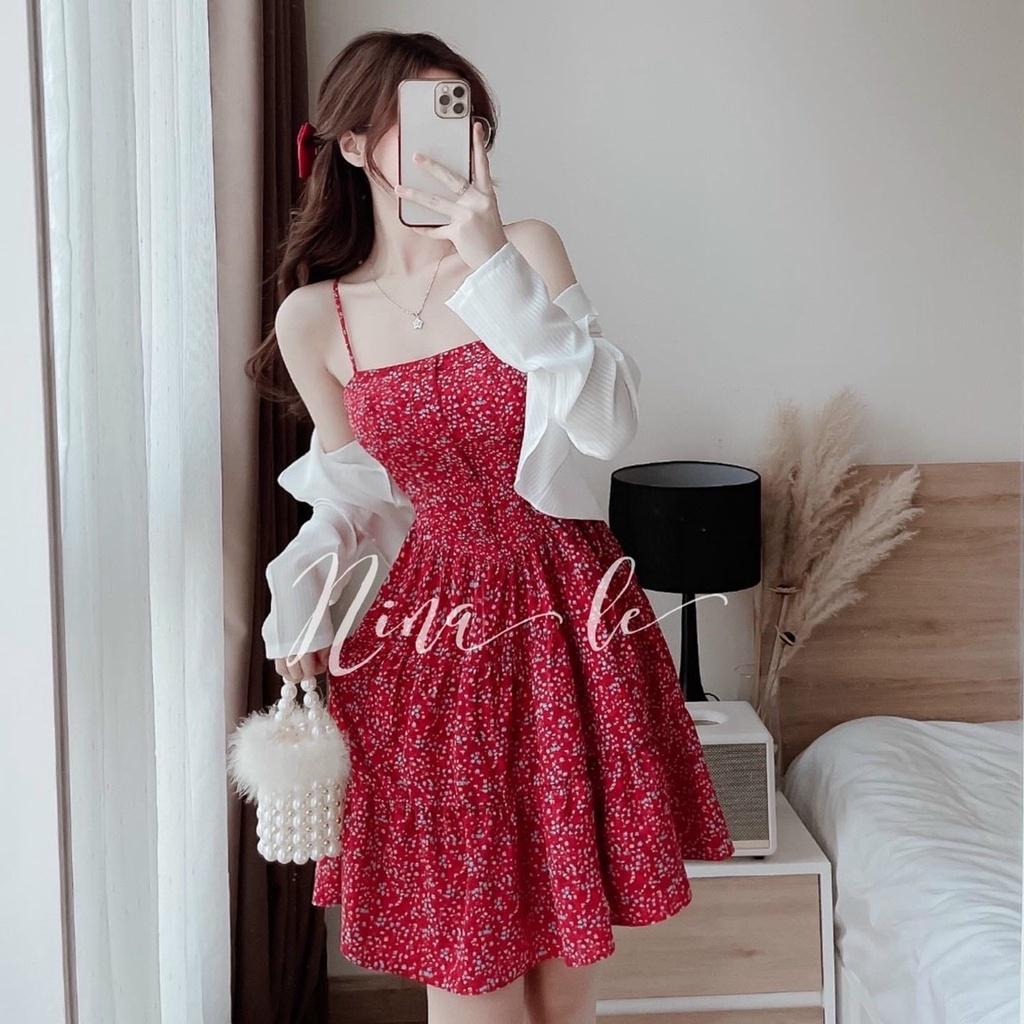 Set đầm hai dây hoa nhí màu đỏ xếp tầng kèm áo khoác dài tay siêu xinh