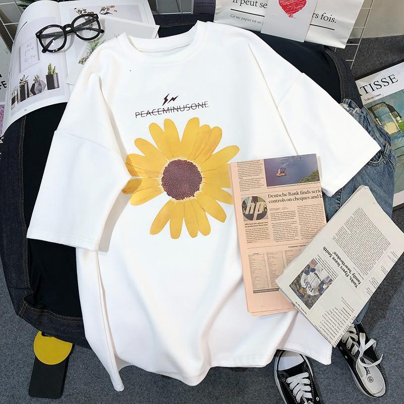 Áo Thun Tay Ngắn Cổ Tròn Hoạ Tiết Hoa Thiết Kế Dáng Rộng Thoải Mái