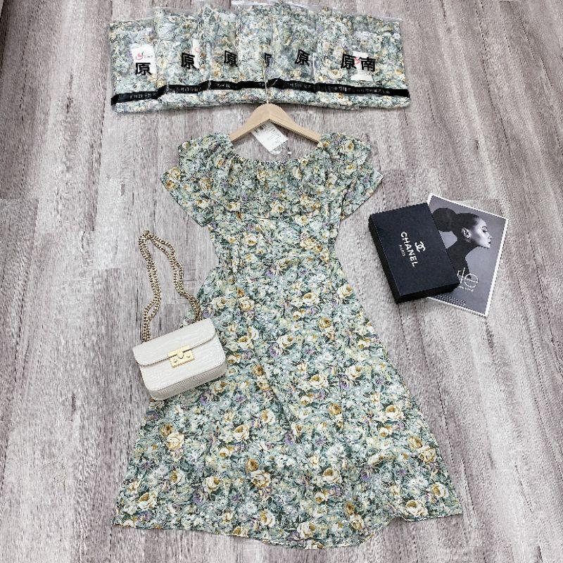 Váy lụa hoa xanh bèo bẹt vai VNU