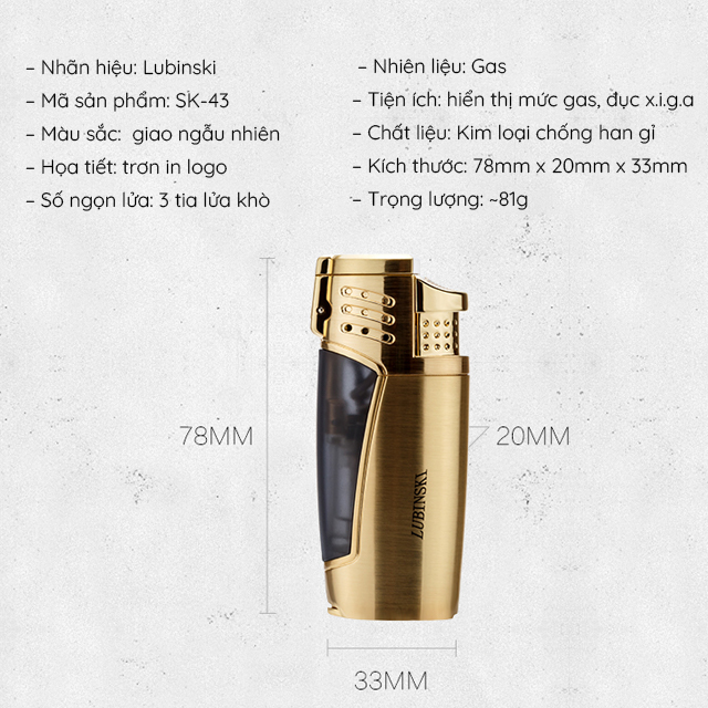 Vỏ Hột Quẹt Bật Lửa Khò 3 Tia Kiêm Đục X.I.G.A Lubinski SK43 Thiết Kế Độc Lạ Lửa Khò Mạnh Mẽ - Dùng Gas Cao Cấp