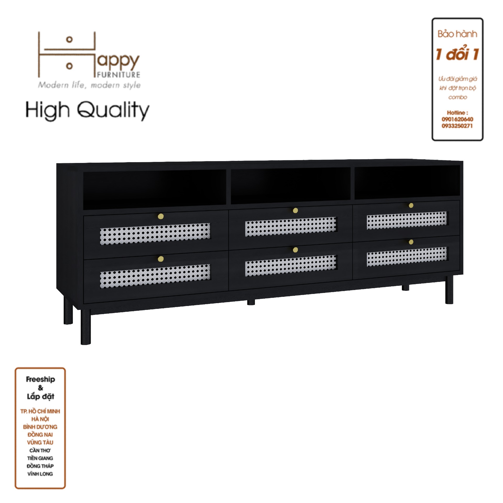 ROTAN, Kệ TV 6 ngăn kéo - chân sắt , 150cm x 40cm x 57cm , KTV_034