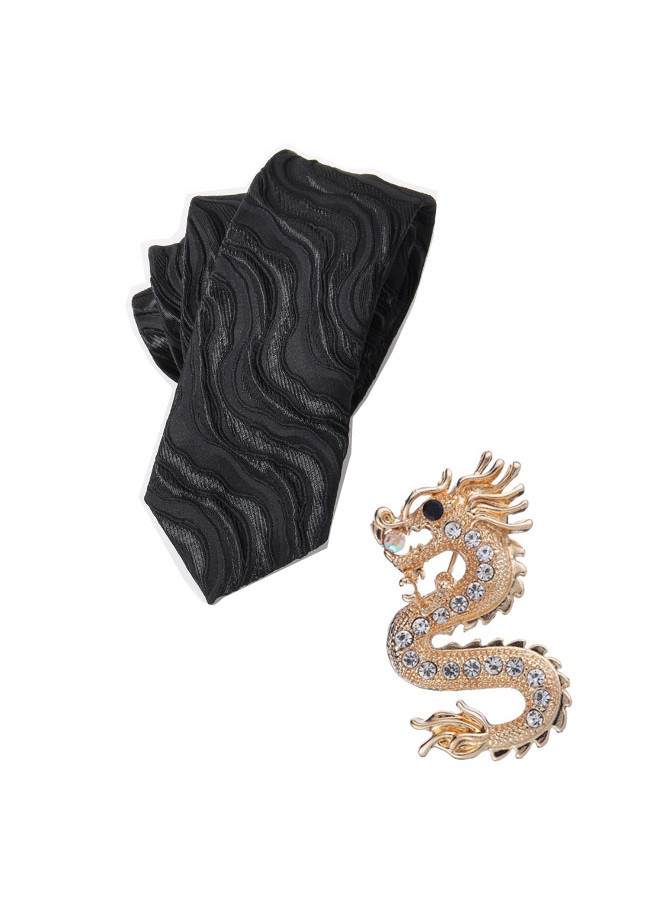 Bộ cà vạt hoa văn nổi hình gợn sóng   và trâm cài áo vest nam hình rồng đính hạt cao cấp  SR200501/TC01  - Đen