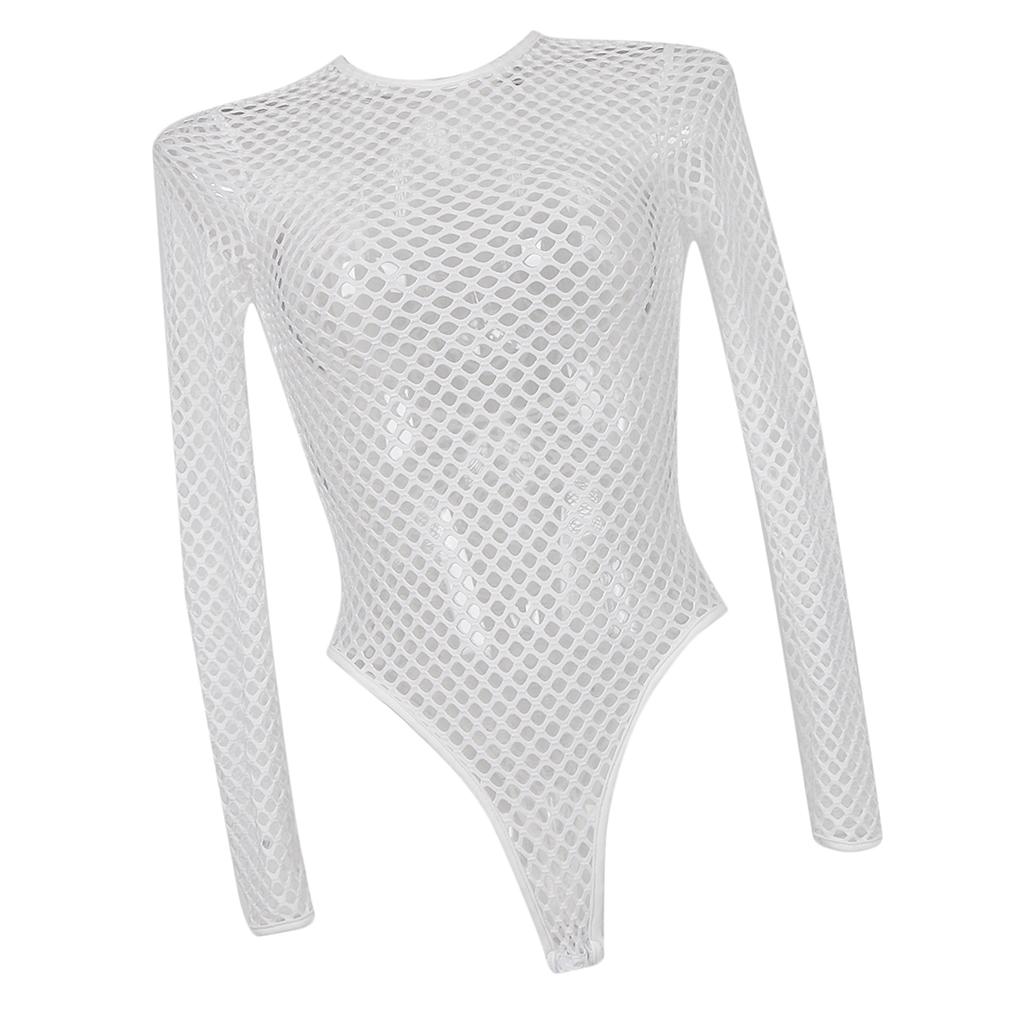 Women's Tight Mesh Long Sleeve Backless Bodysuit Jumpsuit Shapewear One Piece Swimsuit