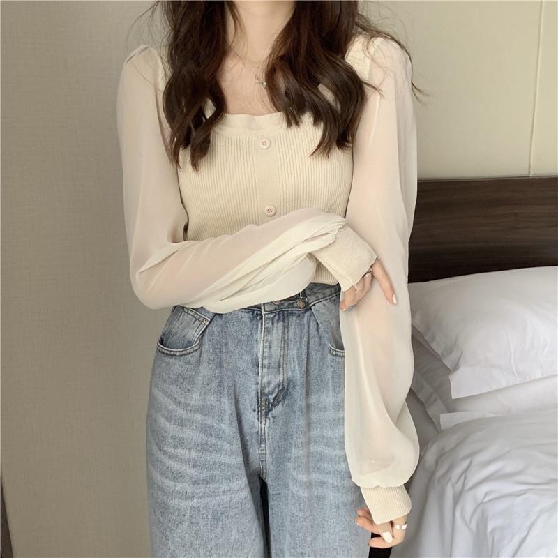 MS351 Áo len nữ cổ vuông tay voan bồng