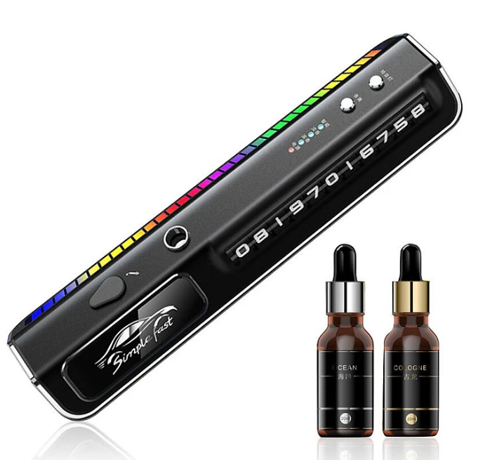 Cao cấp - Nước hoa ô tô NaNo kiêm Bảng ghi số đỗ xe Cảm biến nhấp nháy theo nhạc Led RGB, tặng kèm 2 chai tinh dầu