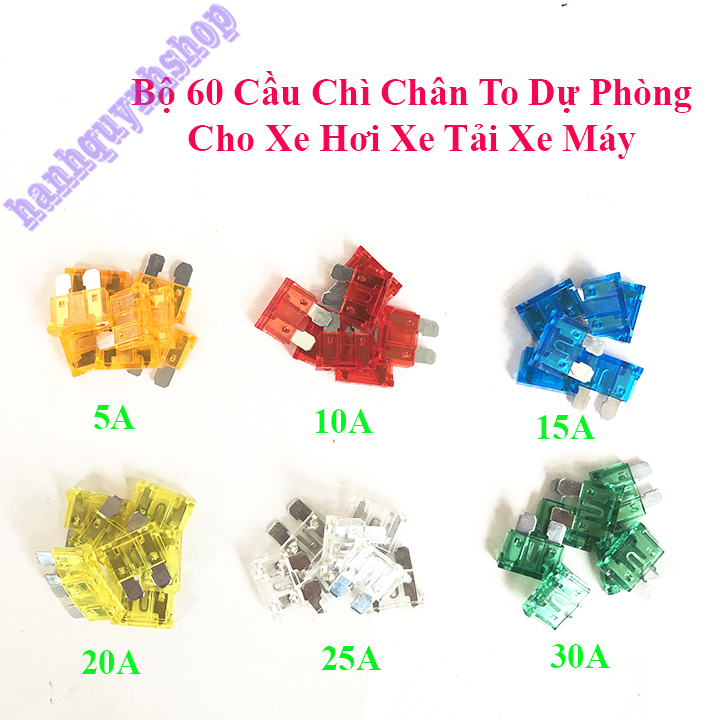 Bộ 60 Cầu Chì chân to Dự Phòng cho Xe Hơi, Xe Máy, Xe Tải