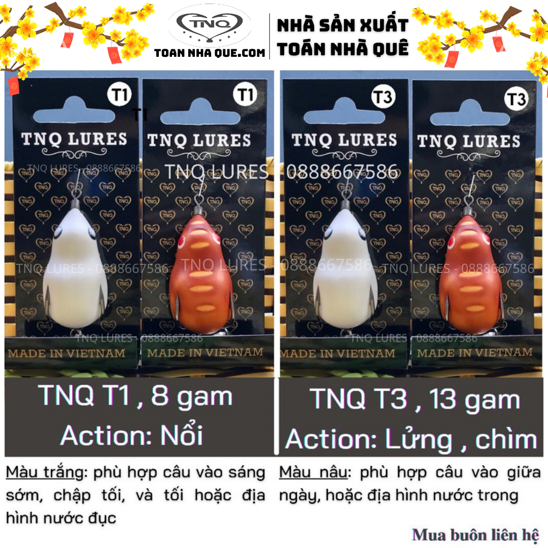 Mồi lure nhái hơi TNQ T3 (13g) Lửng, Chìm - Toán Nhà Quê - TNQ LURES