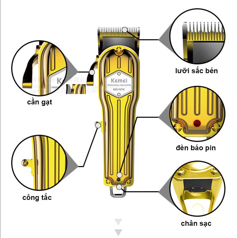 Tông đơ cắt tóc chuyên nghiệp KEMEI 1976 lưỡi sắc bén,vỏ nhôm nguyên khối,dung lượng pin 2500mAh,tặng 8 cữ và phụ kiện cao cấp