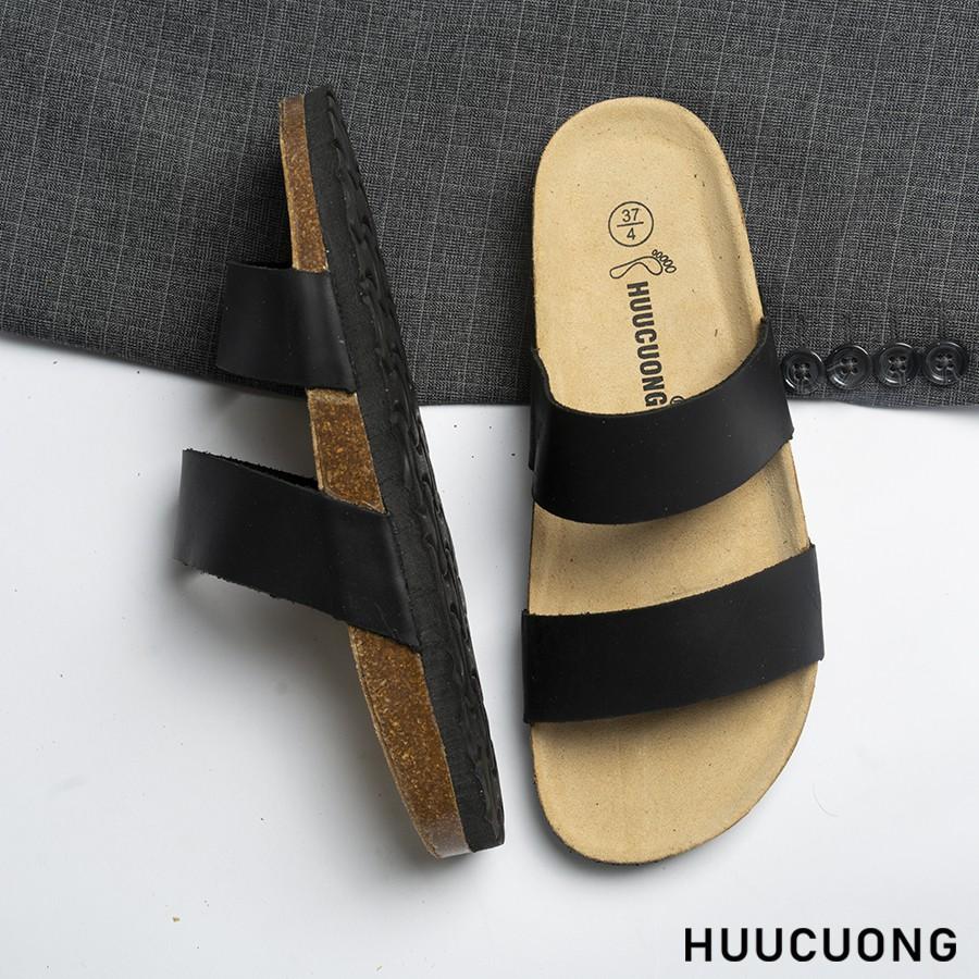 Dép unisex HuuCuong 2 quai da bò đen đế trấu handmade