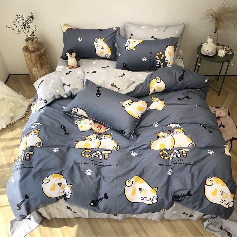Bộ chăn ga gối Cotton poly M2T bedding, vỏ chăn mền, drap ga giường và 2 vỏ gối - Pl Mèo xương cá