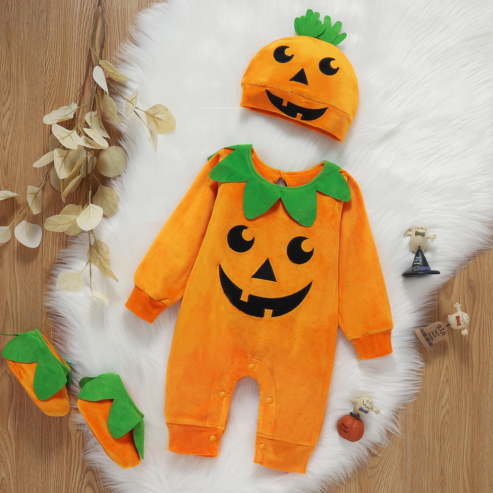 Ma & Bé 0-24M Sơ Sinh Trẻ Sơ Sinh Bé Trai Gái Trang Phục Hóa Trang Halloween Bí Ngô Bé Romper Áo Liền Quần Nhung Liền Mũ giày Trang Phục Quần Áo DD40