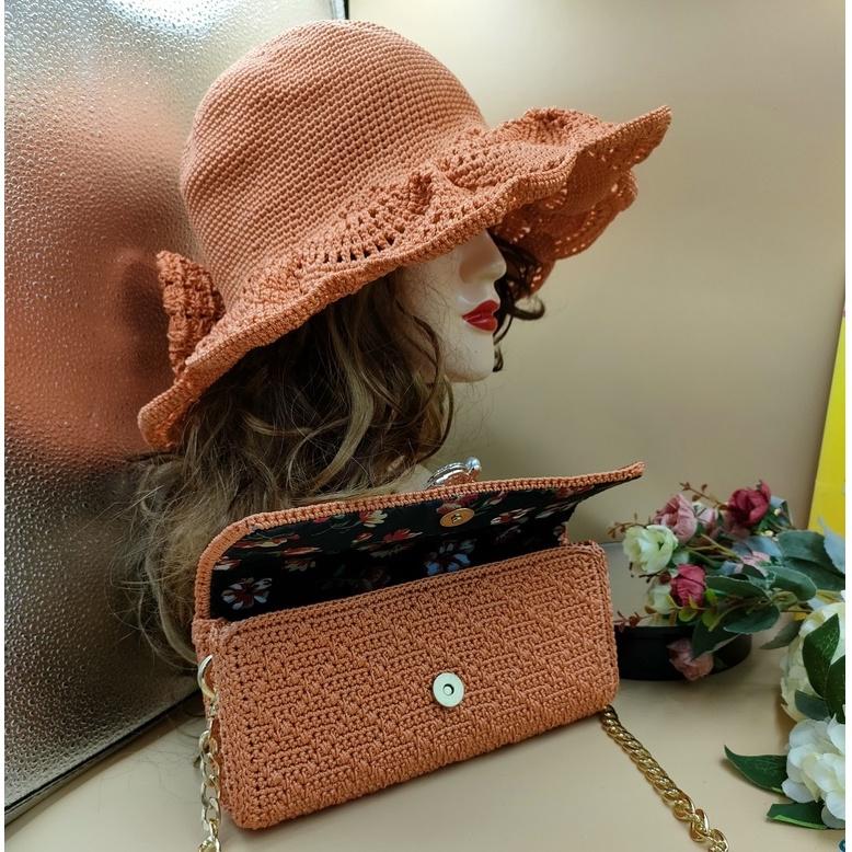 Set nón và túi xách handmade thời trang siêu xinh-Nón vành rộng họa tiết rẽ quạt và túi nhỏ dây đeo màu cam