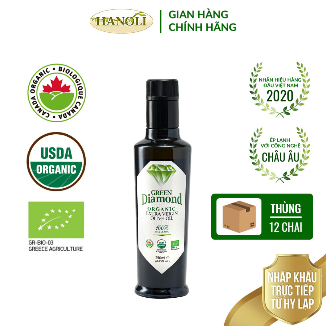 Combo thùng 12 chai Dầu oliu organic siêu nguyên chất GREEN DIAMOND chai 250ml