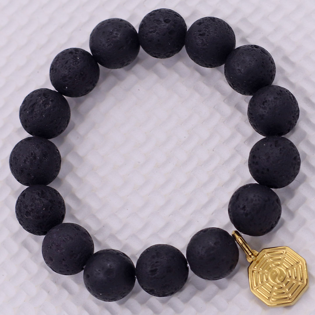 Vòng chuỗi đeo tay đá núi lửa charm bát quái inox vàng, vòng tay hạt chuỗi, vòng chuỗi phong thủy, vòng tay nam nữ