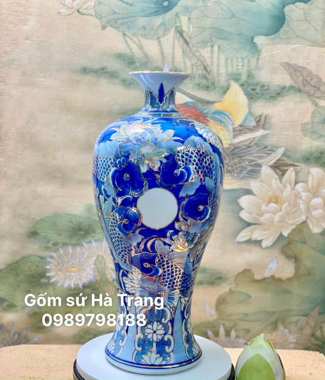 Mai bình tích lộc gốm sứ Bát Tràng cao cấp vẽ vàng 24K hoạ tiết cá chép sen phú quý cao 44cm