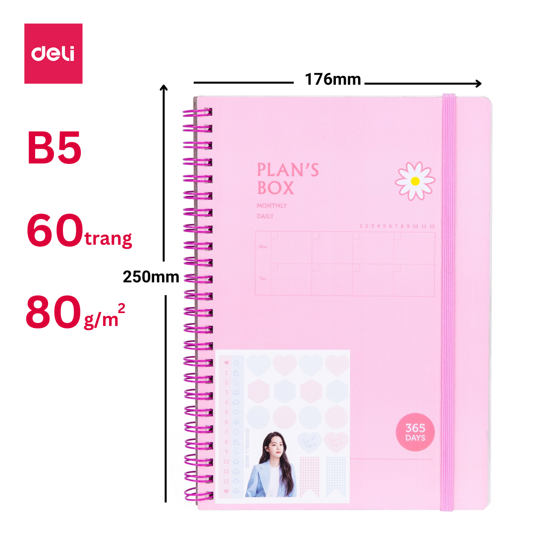 Sổ Tay Ghi Chép Gáy Lò Xo 60 Trang Deli - Khổ A5/B5 - Xanh Dương/Hồng/Xanh Lá - 24200/24201