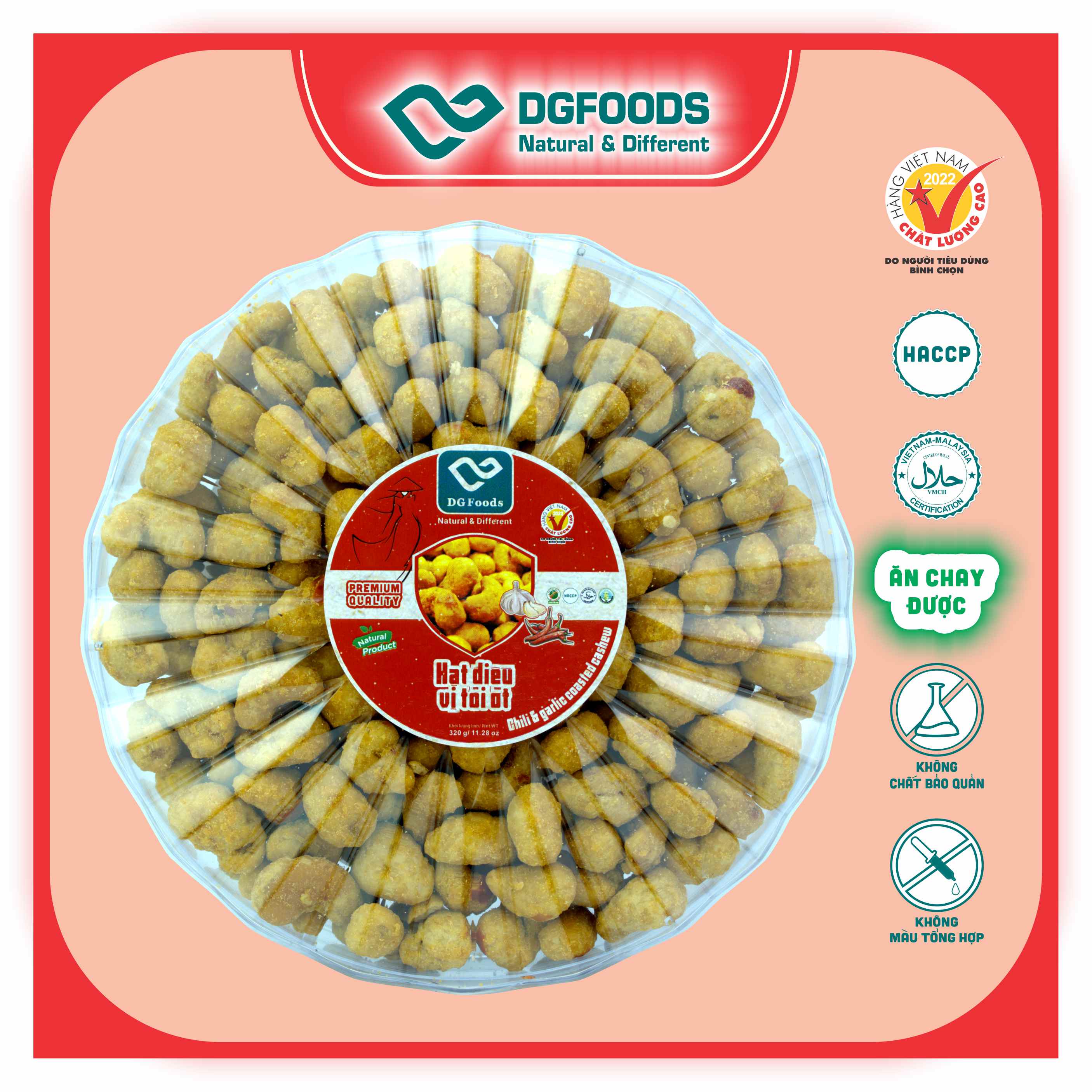 Hạt điều vị tỏi ớt 320g DGfoods/Chili & garlic coated cashew/ HVNCLC,HACCP,HALAL,hạt điều bình phước,đặc sản Cần Thơ