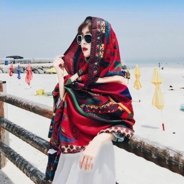 _Khăn Choàng Cổ Boho Vintage Cao Cấp Hoạ Tiết Đỏ Công