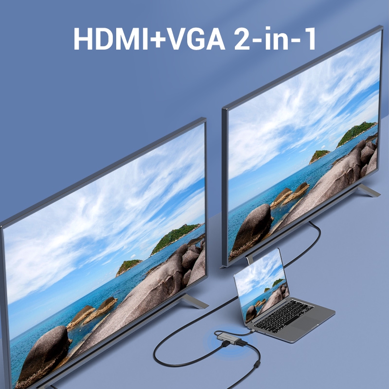 Bộ chuyển đổi Type-C sang VGA + HDMI + 3 cổng USB 3.0 + Sạc Type-C PD 87W Vention TGSHB (6 in 1) - hàng chính hãng