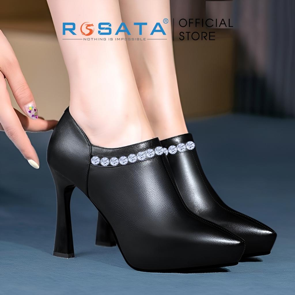 Giày bốt nữ cổ thấp đế nhọn 9 phân mũi nhọn đính hạt xỏ chân êm ái ROSATA RO595 ( BẢO HÀNH 12 THÁNG ) - KEM