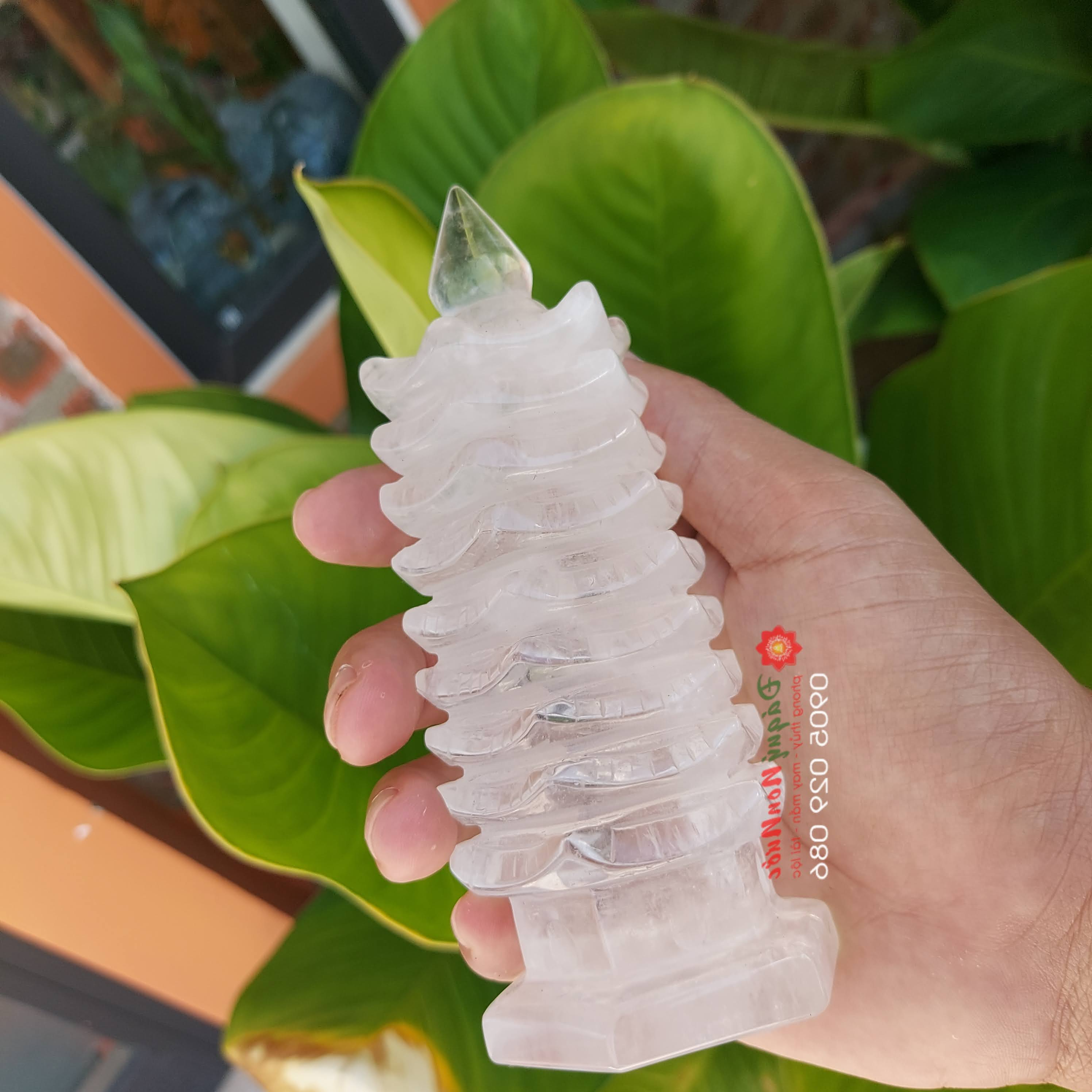 Tháp văn xương phong thuỷ đá thạch anh trắng cao 12cm - đá Non Nước