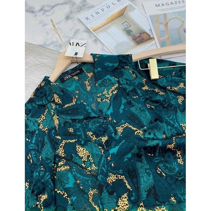 ÁO SƠ MI NỮ DÀI TAY LỤA NHẬT MÀU XANH-BÁO