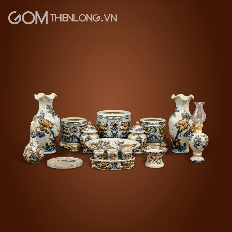 Bộ Đồ Thờ Gia Tiên Men Rạn Đắp Nổi - Hàng Kỹ Nghệ Nhân - Đồ Thờ Bát Tràng - Gốm Thiên Long