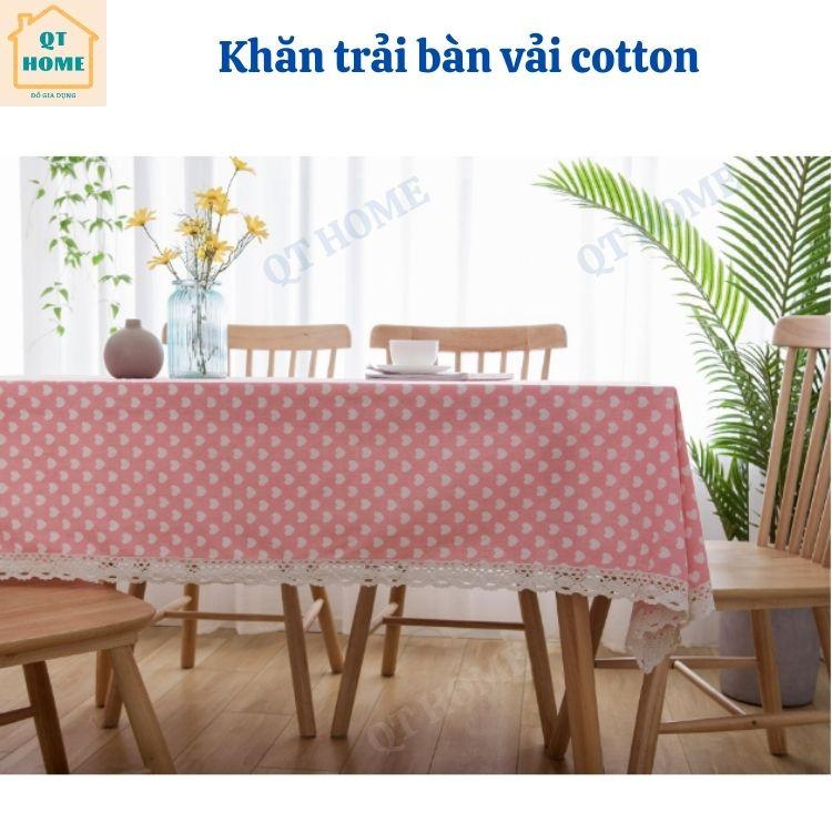 Khăn Trải Bàn Vải Cotton Nền Hồng, Họa Tiết Trái Tim, Viền Ren