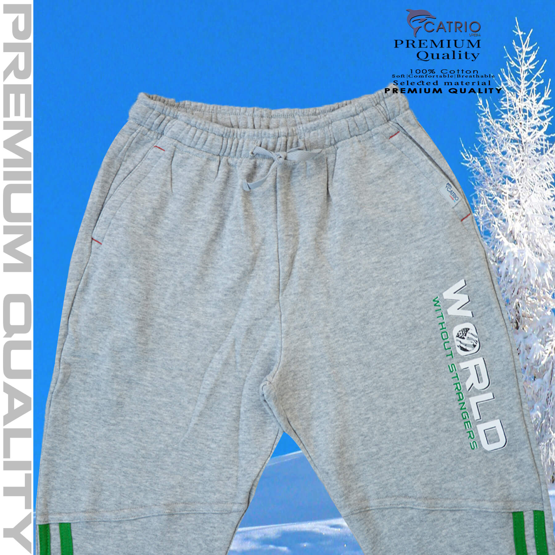 Quần dài bé trai vải 100% cotton in WORLD màu XÁM NHẠT là quần nỉ trẻ em CATRIO từ 9 tuổi đến 18 tuổi phù hợp thời tiết se lạnh mùa thu đông với kiểu dáng thể thao tuyệt đẹp