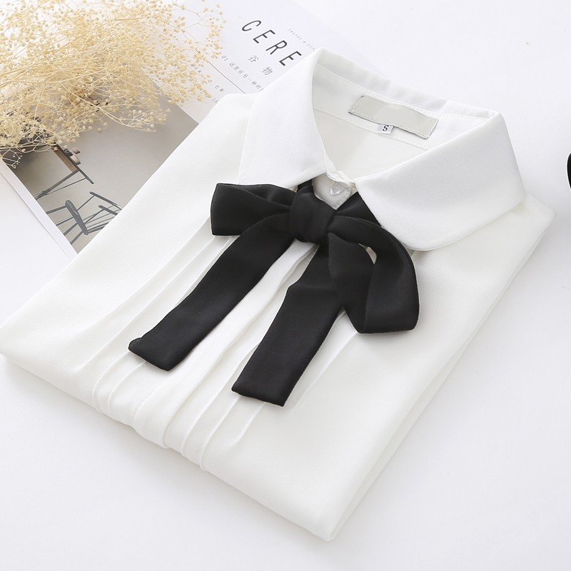 Áo kiểu nữ đẹp tay dài tiểu thư bánh bèo Hàn Quốc màu trắng cổ thắt nơ dáng sơ mi S117
