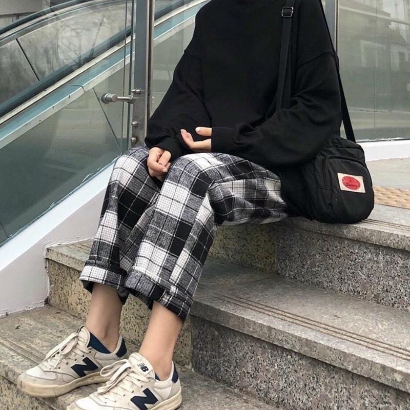 Quần baggy nữ unisex vải kaki ống suông SỌC CARO đen công sở đi học lưng cao ulzzang hàn quốc dây rút đẹp thời trang Hàn